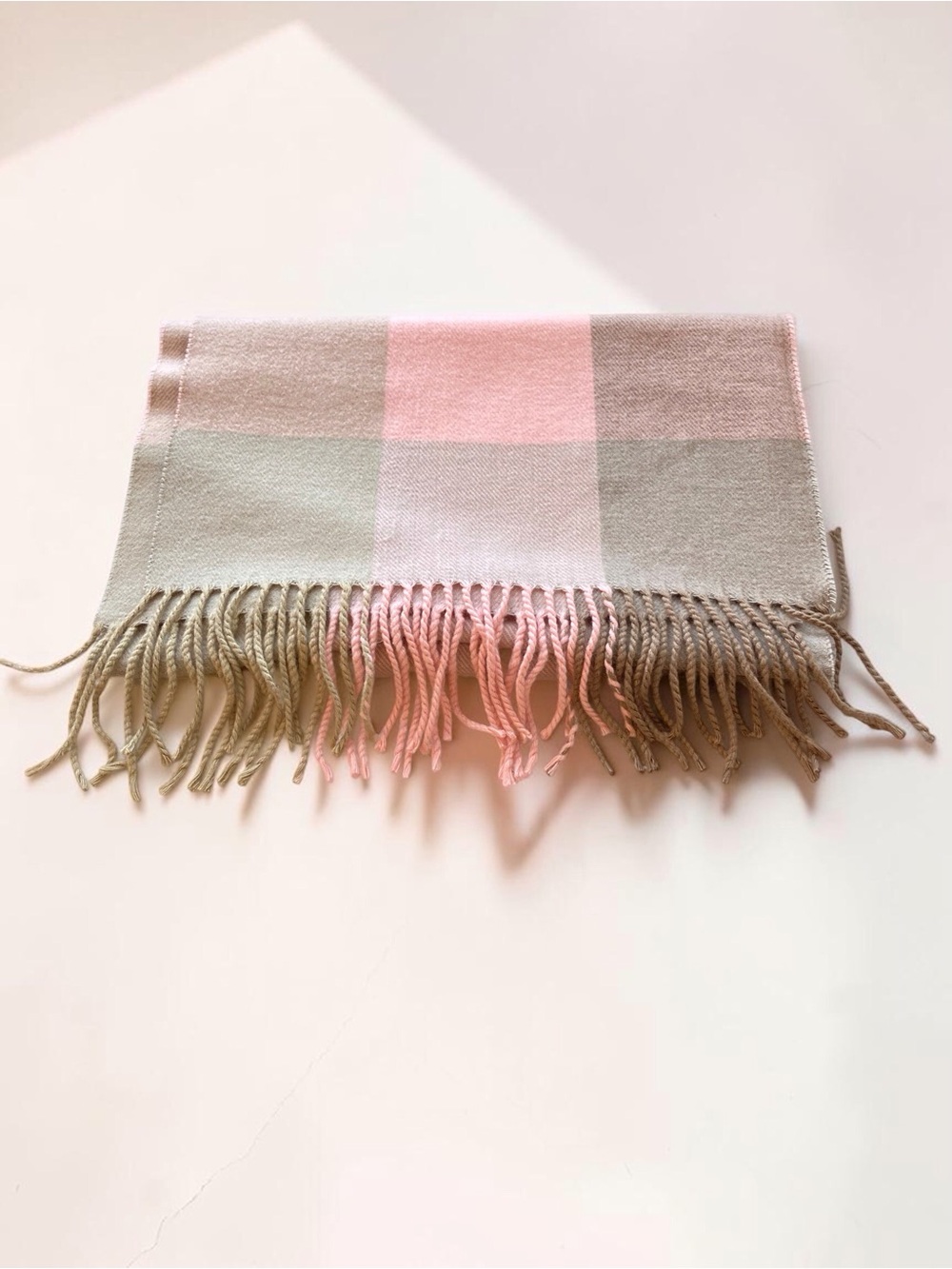 Scottish Cashmere Scarf Women One Size Plaid Fringe Pink Beige Gray